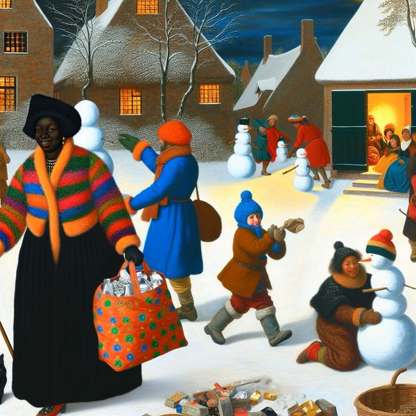Een winterse scene met een groep mensen in kleurrijke jassen en een persoon met een tas vol eten