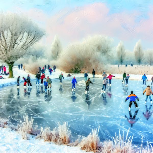 Schaatsende kinderen op een bevroren vijver in de winter Kinderen schaatsen op een bevroren vijver in een serene winterlandschap