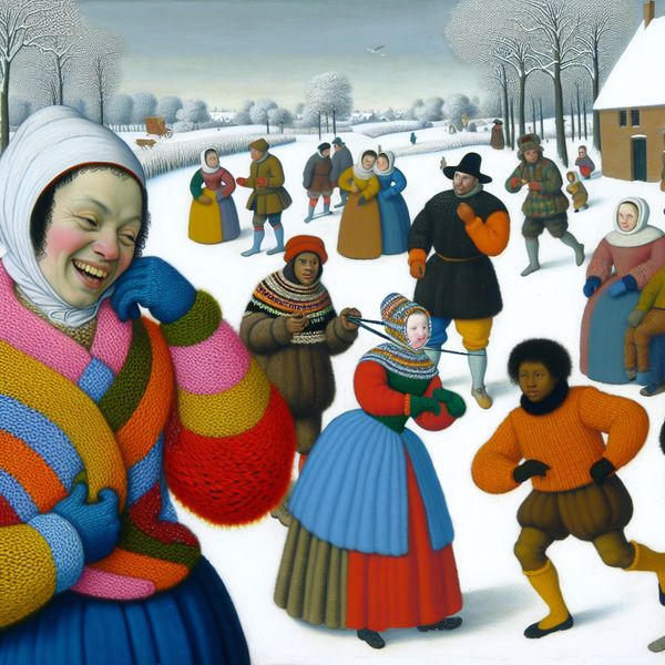 Groep mensen in een sneeuwlandschap, met kleurige truien, terwijl een vrouw lacht met een gebreide trui in de hand.