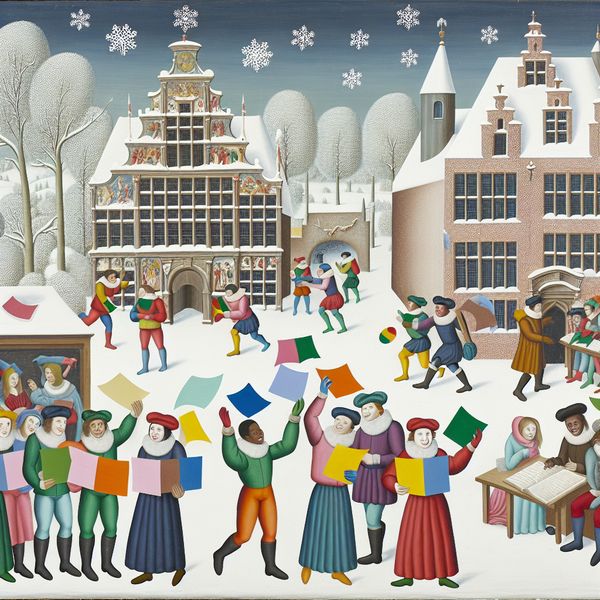 Winterse scène van studenten die studiebeursaanvragen indienen Groep studenten in de winter, voor een historisch gebouw, terwijl ze enthousiast hun studiebeursaanvragen indienen.