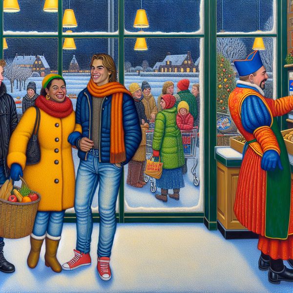 Vrolijke winter in een Nederlandse supermarkt met informele interacties Vrolijk wintertafereel in een drukke Nederlandse supermarkt met vrienden die met een blije medewerker praten
