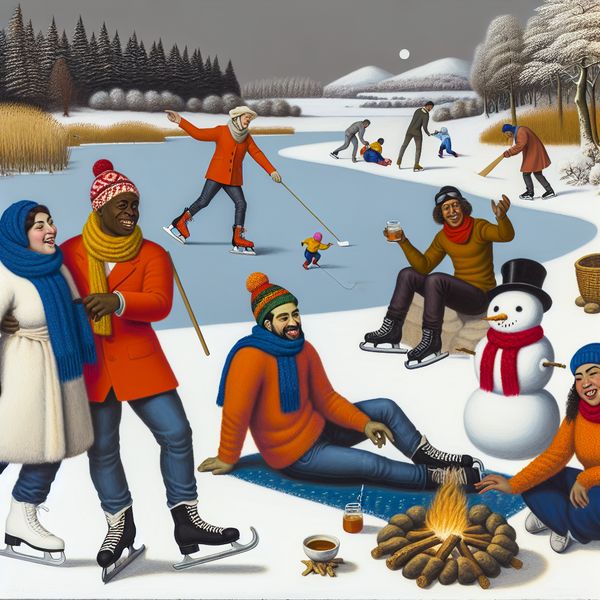 Vrolijke winteractiviteiten met vrienden Een groep vrienden geniet van winteractiviteiten zoals schaatsen, sneeuwpoppen bouwen en warme dranken drinken bij een kampvuur.