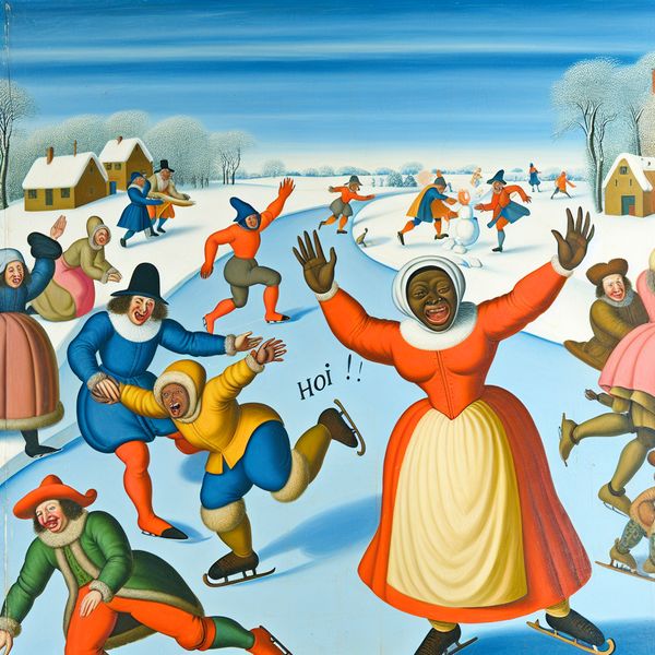 Groep vrienden in een sneeuwlandschap met iemand die enthousiast 'Hoi!' zegt.