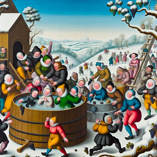 Een levendig wintertafereel met mensen die druiven stampen voor wijnfermentatie in een houten vat.
