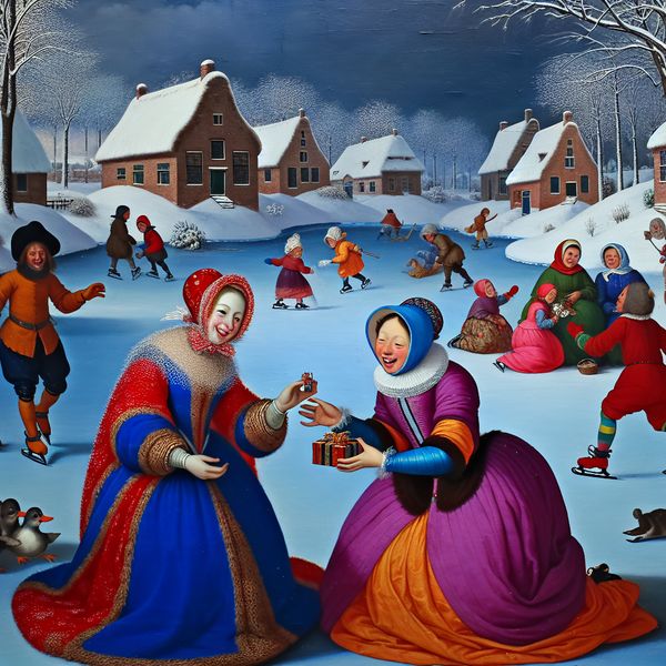 Vrolijke winterse zusterband tussen vrouwen in een sneeuwlandschap Twee vrouwen in kleurrijke winterkleding lachen en delen een geschenk in een sneeuwachtige dorpsscene.