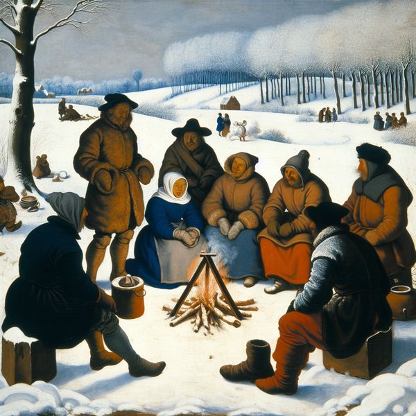 Winterbijeenkomst rond kampvuur met mensen in warme kleding Een kleine groep mensen rond een kampvuur in een besneeuwd winterlandschap, in warme kleding en met serieuze gezichten