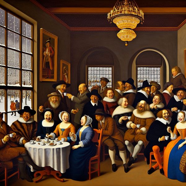 Groep mensen in formele kleding geniet van een pauze met koffie in een gezellige winterkamer