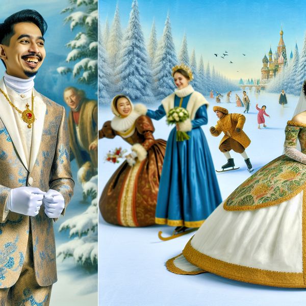 Een man in een zijden pak staat glimlachend voor de bruid op zijn winterbruiloft