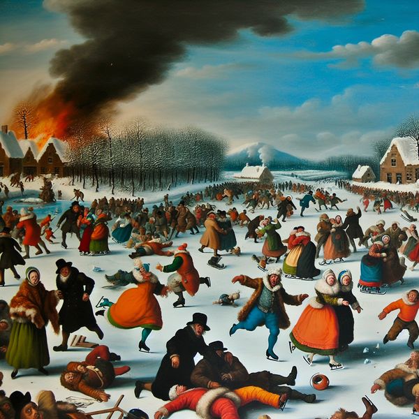 Vibrant winter landscape with people in colorful winter clothing amidst chaos, featuring a broken ice rink and panicked skaters, illustrating a dramatic climax.