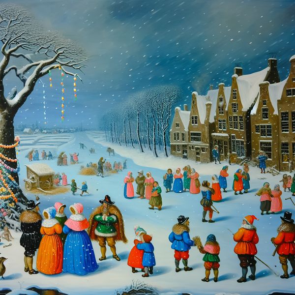 Winterdorp Feestelijke Viering in Slecht Weer Een winterdorp met kleine figuren in felle winterkleding die somber uitkijken naar een lege feestlocatie terwijl het sneeuwt.