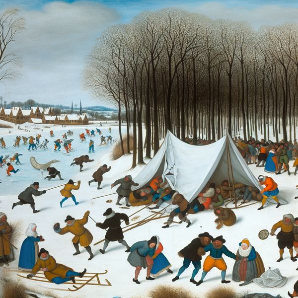 Winterfestival in een schilderachtig landschap Een levendig winterlandschap met mensen die een festival proberen te organiseren te midden van sneeuwachtige omstandigheden, met een groep die worstelt met een gebroken tent en anderen die een banner opzetten.
