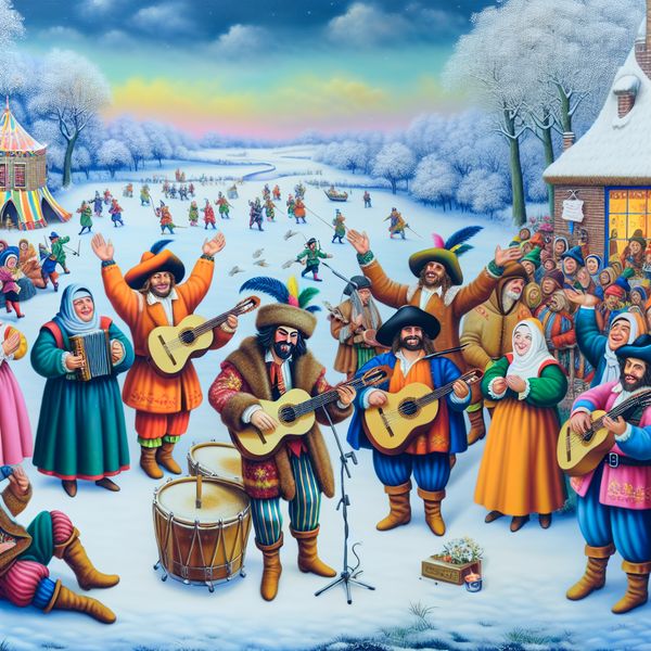 Winterfestival met bandoptreden Een levendig winterfestival met een band die optreedt voor een enthousiaste menigte in winterse omgeving.