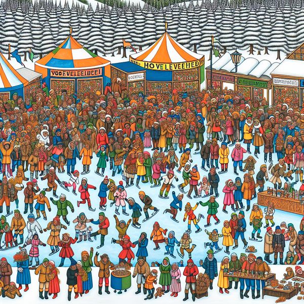 Vibrant Winterfestival Met Veel Mensen Vibrante winterfestival met een grote menigte mensen die zich verheugen en activiteiten ondernemen zoals schaatsen en het drinken van warme chocolademelk, met sneeuwbedekte bomen op de achtergrond.