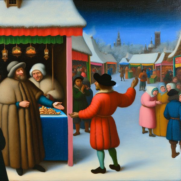 Een levendig winterlandschap met een groep mensen op een festival, waarin iemand vrolijk 'Hoi' zegt.
