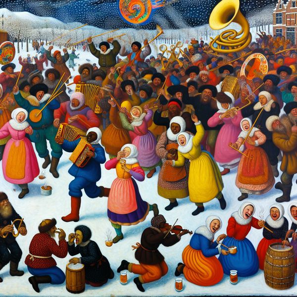 Een winterfestival met mensen die dansen en muziek maken in een besneeuwd landschap, met intense vreugde en opwinding.