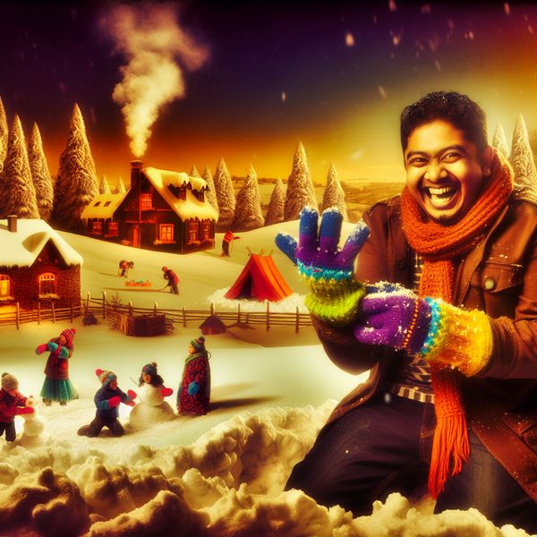 Warme kleurrijke winterhandschoenen in een sneeuwlandschap Een persoon met kleurrijke winterhandschoenen speelt in de sneeuw terwijl zachte sneeuwvlokken vallen.