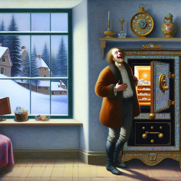 Een man opent blij een grote, versierde kluis in een zonnige winterkamer, met juwelen en documenten zichtbaar binnenin.