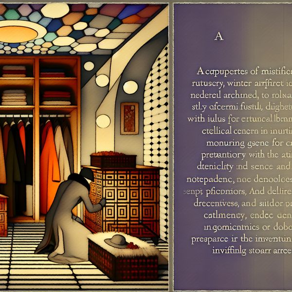 Winterkleding Opslaan in Geometrische Kast - Retro-Futuristisch Ontwerp Een persoon plaatst winterkleding in een moderne geometrische kast in een retro-futuristische kelder.