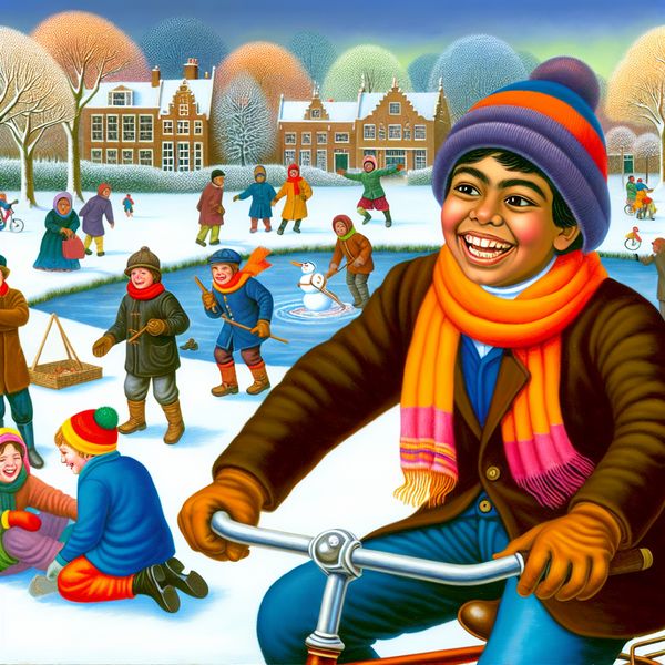 Vrolijke Winter Scene met Kinderen die Spelen in de Sneeuw Een kleine jongen kiest vrolijk zijn nieuwe fiets in een sneeuwbedekt park, omringd door vrienden die spelen.