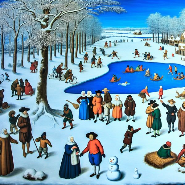 Sfeervol winterlandschap met activiteiten in de stijl van Hendrick Avercamp Verwinterlandschap met mensen onder een sneeuwbedekte boom die over een kleine sneeuwman discussiëren, omringd door kinderen die schaatsen en mensen die sleetje rijden.