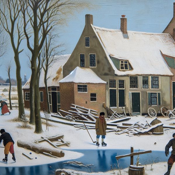 Winterlandschap in de stijl van Hendrick Avercamp met een beschadigd huis en mensen die de schade herstellen, terwijl op de achtergrond schaatsers op een bevroren vijver spelen.