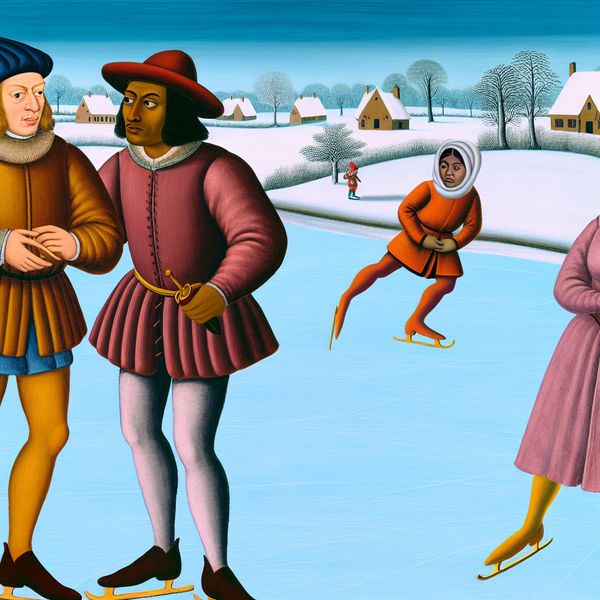 Winterlandschap in Avercamp-stijl met mensen in gesprek en een observerende figuur
