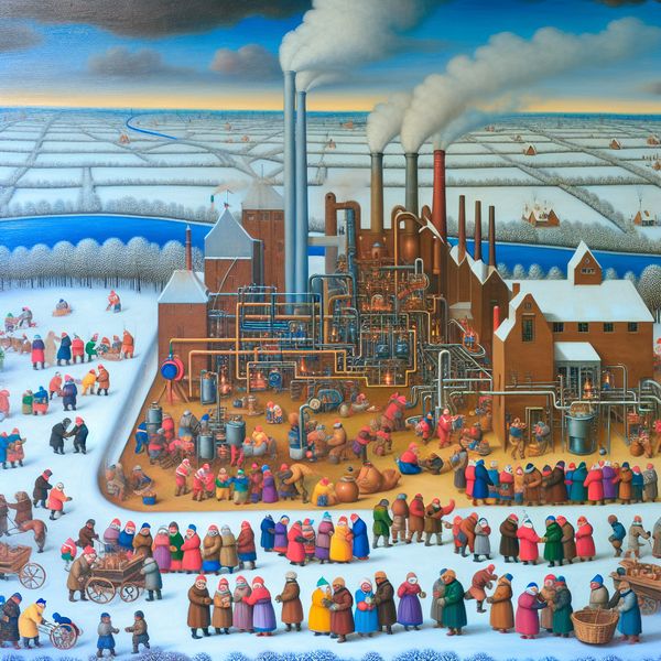 Vrolijk winterlandschap bij chemische fabriek Winters landschap met een chemische fabriek en mensen die bezig zijn met fabriekswerkzaamheden