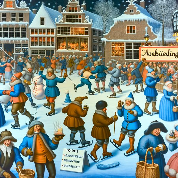 Lente winterlandschap met communicatie activiteiten Winterlandschap met schaatsenrijders, sneeuwpoppen en mensen die warme dranken drinken, in de stijl van Hendrick Avercamp.