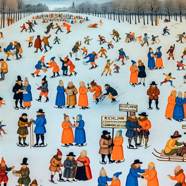Winterlandschap met communicatie en richtlijnen Een levendig winters landschap met kleine figuren die deelnemen aan verschillende activiteiten, zoals het chatten en uitwisselen van documenten, met banners die 'richtlijnen' tonen.