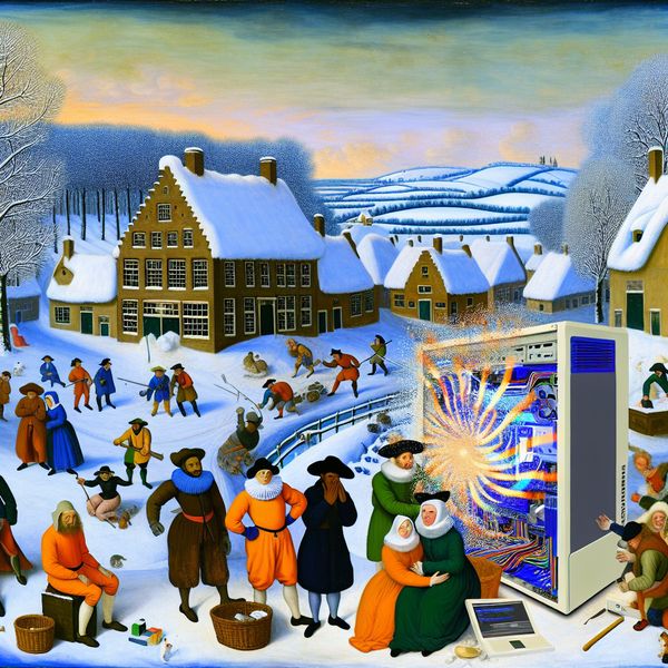 Een kleurrijk winterlandschap met een groep kleine figuren rond een glitchende computer in een dorp, geïnspireerd door Hendrick Avercamp.