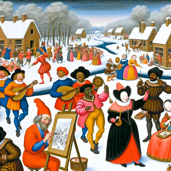 Culturele Activiteiten in een Winterlandschap Vibrant winterlandschap met diverse kunstenaars en performers die culturele activiteiten uitvoeren, zoals schilderen en muziek spelen.