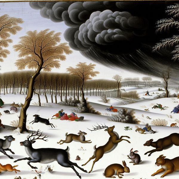 Dieren vluchten voor een winterse onweersbui Een winterlandschap met dieren die vluchten voor een naderende onweersbui, waaronder herten en konijnen met geschrokken gezichten.