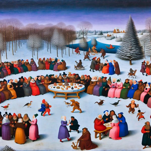 Vibrant Winter Landscape with People Discussing Groep mensen in winterlandschap die levendig discussiëren rond een versierde tafel.