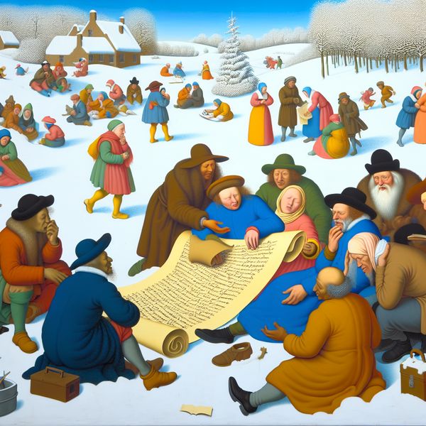 Een groep diverse mensen leest en bespreekt een groot perkament op een besneeuwde oever, met een heldere lucht op de achtergrond.
