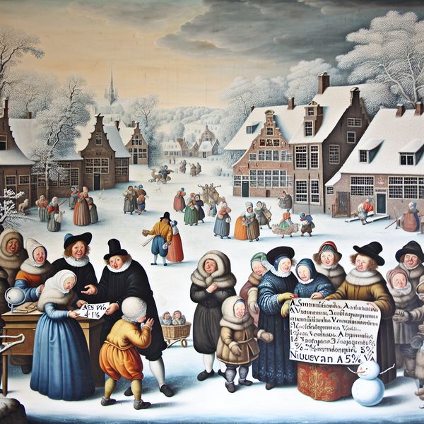 Een levendig winterlandschap met een charmant dorp waar vrolijke mensen een geschenkt belastingdocument bekijken op een houten tafel, met een sneeuwpop zichtbaar.
