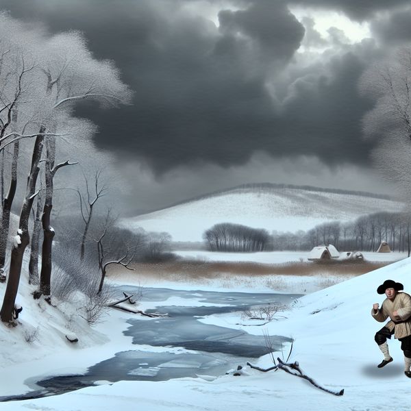 Winterlandschap met besneeuwde bomen en een bevroren rivier, met een figuur die het koud heeft en handschoenen vasthoudt.