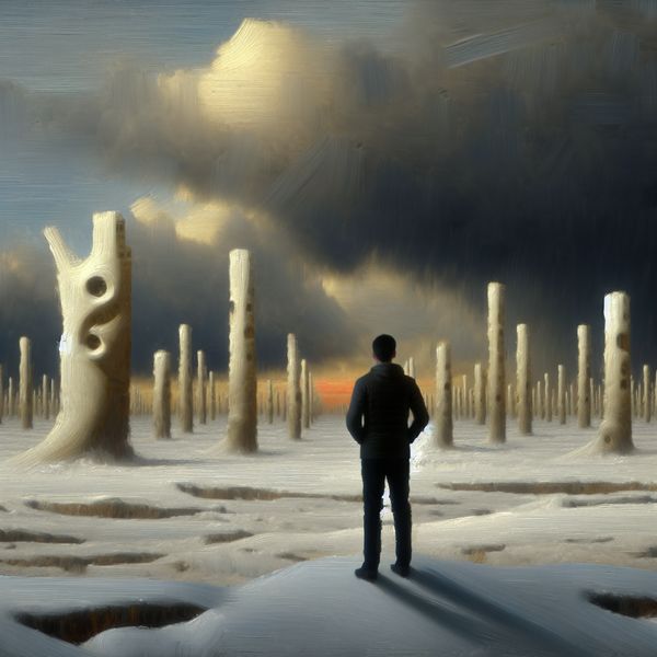Een eenzame figuur in een desolate winterlandschap met sneeuw, starend naar de bewolkte lucht.