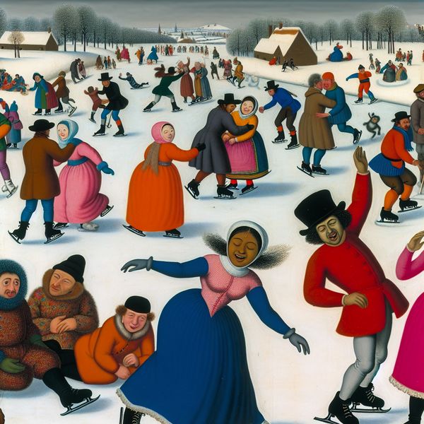 Vrolijk winterlandschap met unieke maniertjes en activiteiten Een winterlandschap met mensen die unieke maniertjes vertonen, zoals een meisje dat spelend in cirkels op het ijs draait en een jongen die komisch valt tijdens het schaatsen.