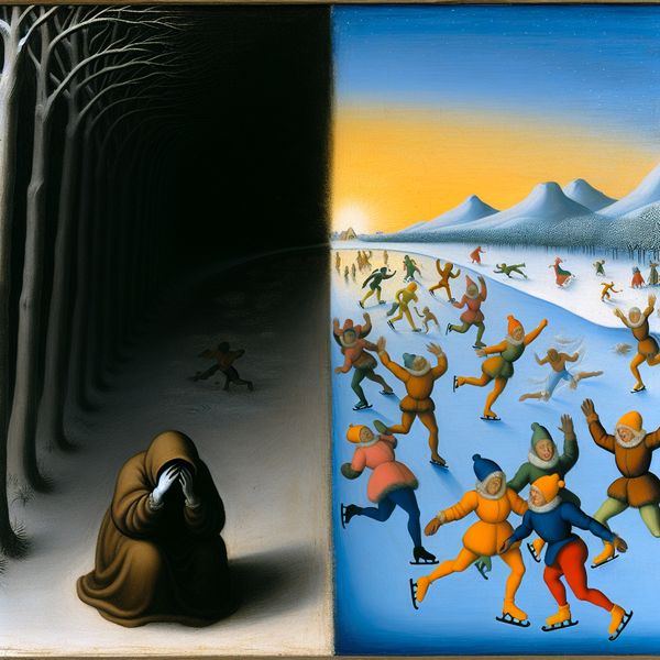 Winterlandschap met Emotionele Contrast van Nacht en Dag Winterlandschap met een contrast tussen een verdrietige avond en een vrolijke dag, met een eenzame figuur en blije skaters.
