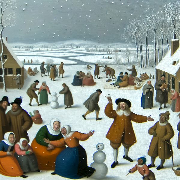 Emotionele Samenkomst in een Winters Landschap Een winterlandschap met mensen die buiten samenkomen onder vallende sneeuw.