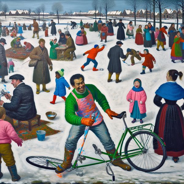 Winterse Landschap met Kleurrijke Verf Activiteiten Een man schildert zijn fiets met heldere sprayverf in een levendig winters landschap vol mensen.