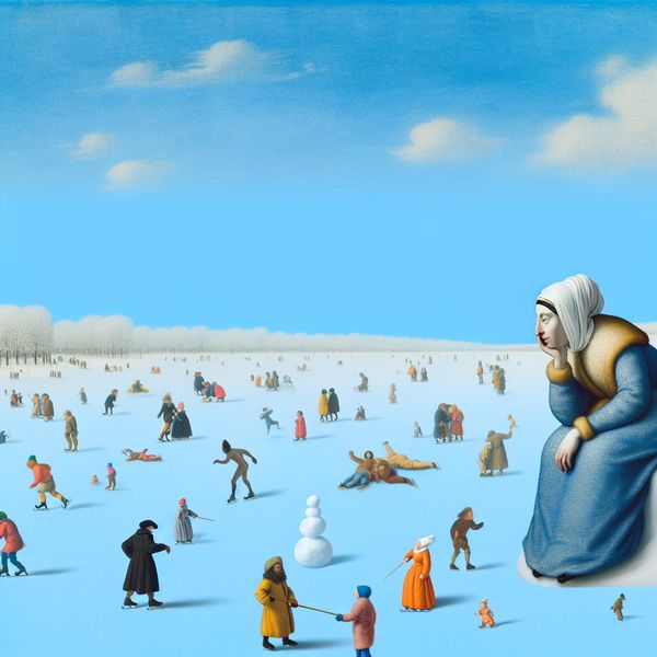 Een kleurrijk winterlandschap met mensen die schaatsen, sneeuwballengevechten houden en met elkaar praten, terwijl een filosoof apart staat en nadenkt.