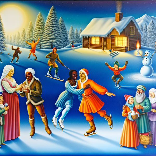 Vrolijk winterlandschap met gemeenschapsactiviteiten Winterlandschap met diverse mensen die vreugdevolle activiteiten ondernemen, zoals schaatsen en sneeuwpoppen maken, terwijl een wijze figuur op een houten platform een opbeurende toespraak houdt.