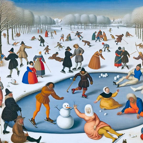Winterlandschap geïnspireerd door Hendrick Avercamp met communicatie-uitdagingen Winterlandschap met een persoon die moeite heeft met communiceren in een groep, temidden van vrolijke activiteiten zoals schaatsen en sneeuwpoppen maken.