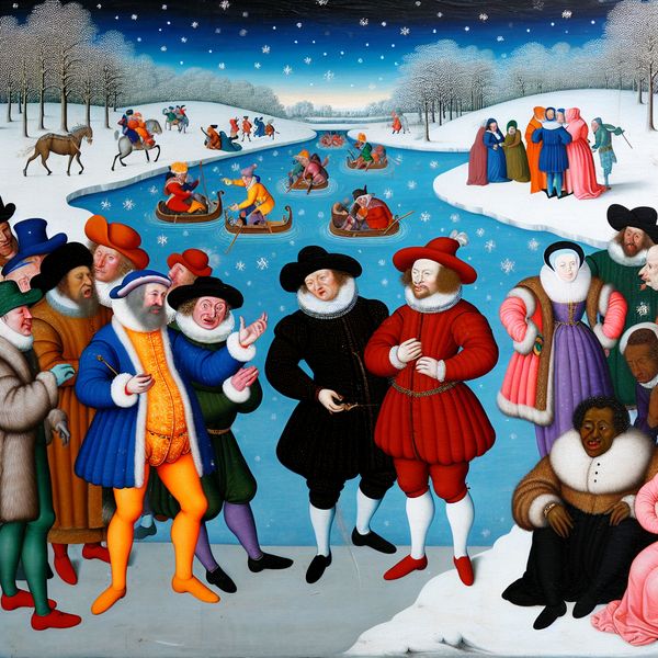 Winterlandschap van Hendrick Avercamp met Genderongelijkheid Schilderij van een levendig winterlandschap met mannen in historische winterkleding die argumenteren, terwijl vrouwen met gefrustreerde gezichten toekijken. Thema van genderongelijkheid prominent aanwezig.