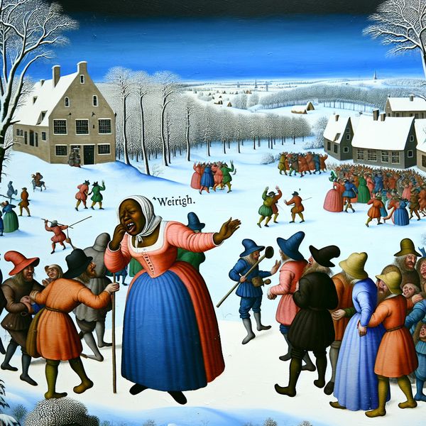 Vibrant winterlandschap geïnspireerd door Hendrick Avercamp Een winterlandschap met mensen die samenkomen, met een persoon die zich probeert te laten horen(tegen een achtergrond van lachende kinderen en schaatsers).