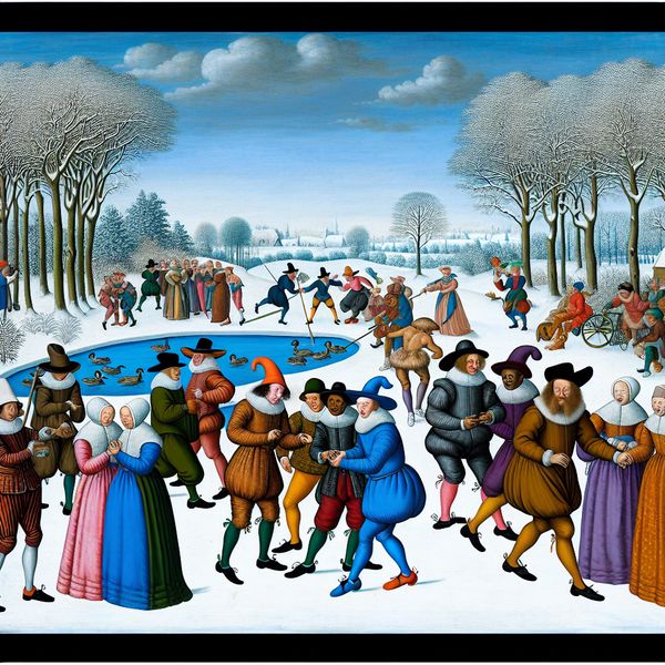 Winterlandschap met historische discussie in de stijl van Hendrick Avercamp Illustratie van een winterlandschap met groep mensen die debatteren in historische winterkleding, omringd door besneeuwde bomen en een bevroren meer.