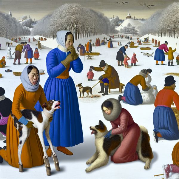 Een bezorgde hondenbezitter met een zieke hond in een sneeuwlandschap, terwijl andere mensen buiten plezier hebben.