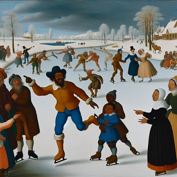 Winterlandschap met ijsbaan en figuren die met vreugde schaatsen, centraal personage wijst naar een spectaculaire schaatsprestatie.