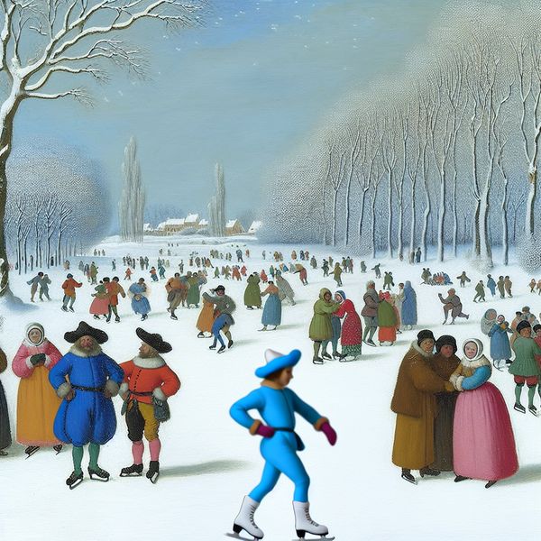 Unieke schaatser in levendig winterlandschap Een levendig winterlandschap met een persoon die een unieke schaatstechniek uitvoert, omringd door skaters op een bevroren vijver.